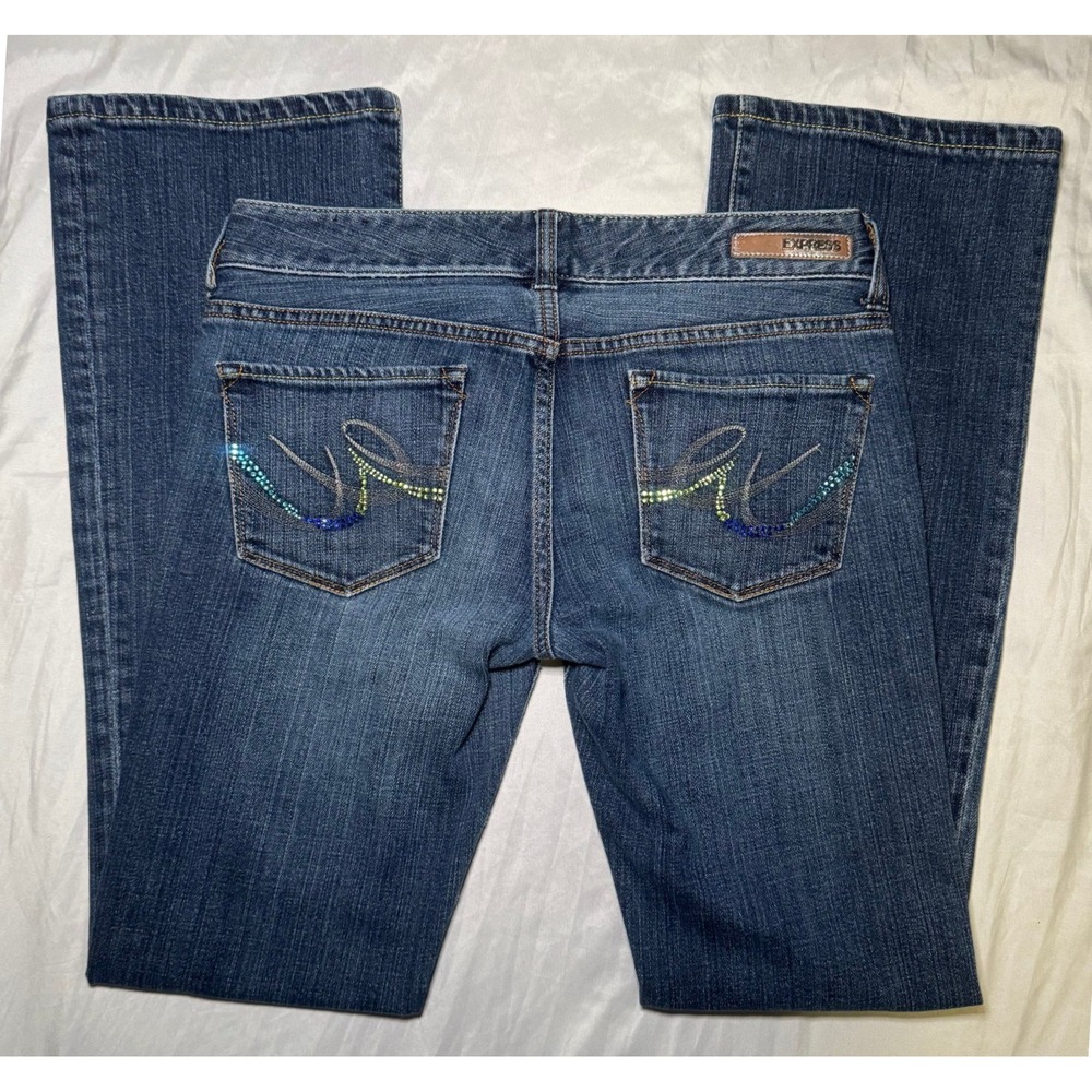 Sequin Embroidered Express Stella Bootcut Jeans Womens 4 Blue Y2K Mid Rise Denim